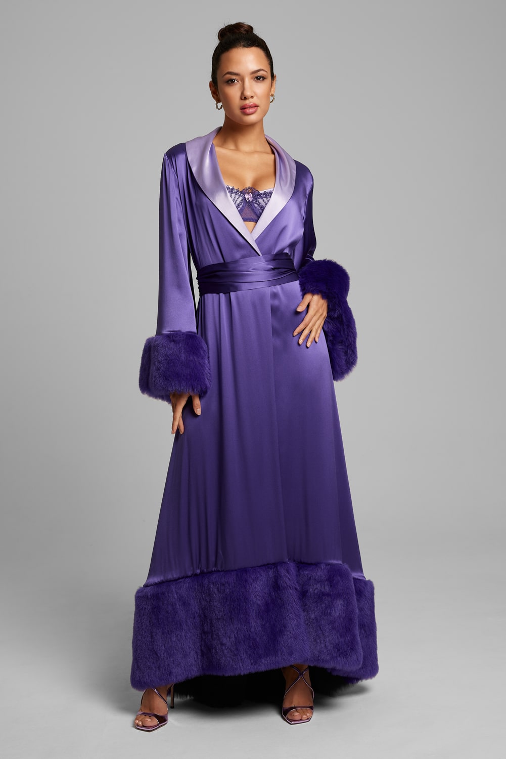 Woman wearing the Forget Me Not Robe from the front