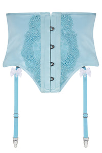 Blue lace waspie with white bows and suspender straps