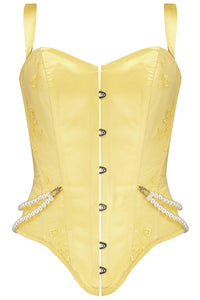 Yellow corset with pearl detailing and busk closures
