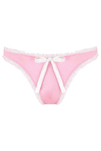 Pink satin thong with white bow and white trim
