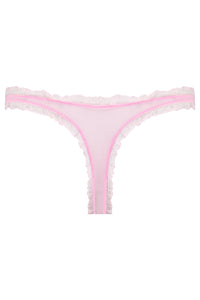 Pink satin thong with white bow and white trim from behind