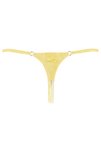 Yellow embroidered thong with white bows from behind
