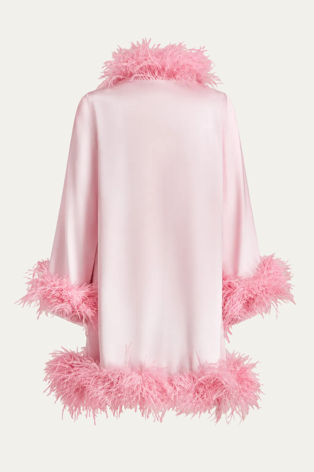 A light pink satin robe with fluffy pink feather trim on the collar, cuffs, and hem, shown from the back against a solid beige background.