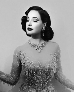 Vintage picture of a Dita Von Teese in an embellished dress