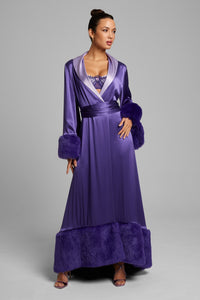 Woman wearing the Forget Me Not Robe closed
