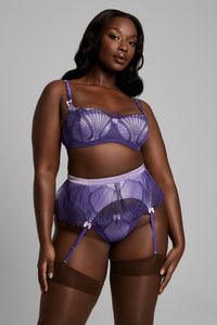 Woman wearing The Forget Me Not suspender front