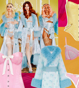 Collage style image of blue lace lingerie sets, stockings and luxurious robes, overlayed with Scarlett Gasque lingerie