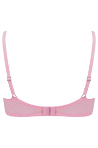 Polka-dot pink wired bra with white bows from behind