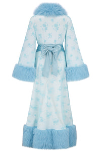 Blue arctic gown dressing robe with fur trim from behind