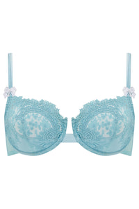 Blue lace wired bra with white bows