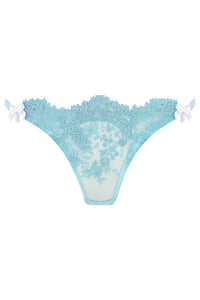Blue lace thong with white bows