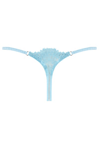 Blue lace thong with white bows from behind