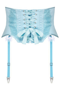 Blue lace waspie with white bows and suspender straps from behind