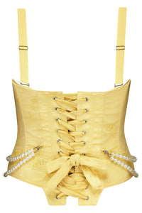 Yellow corset with pearl detailing and busk closures from behind